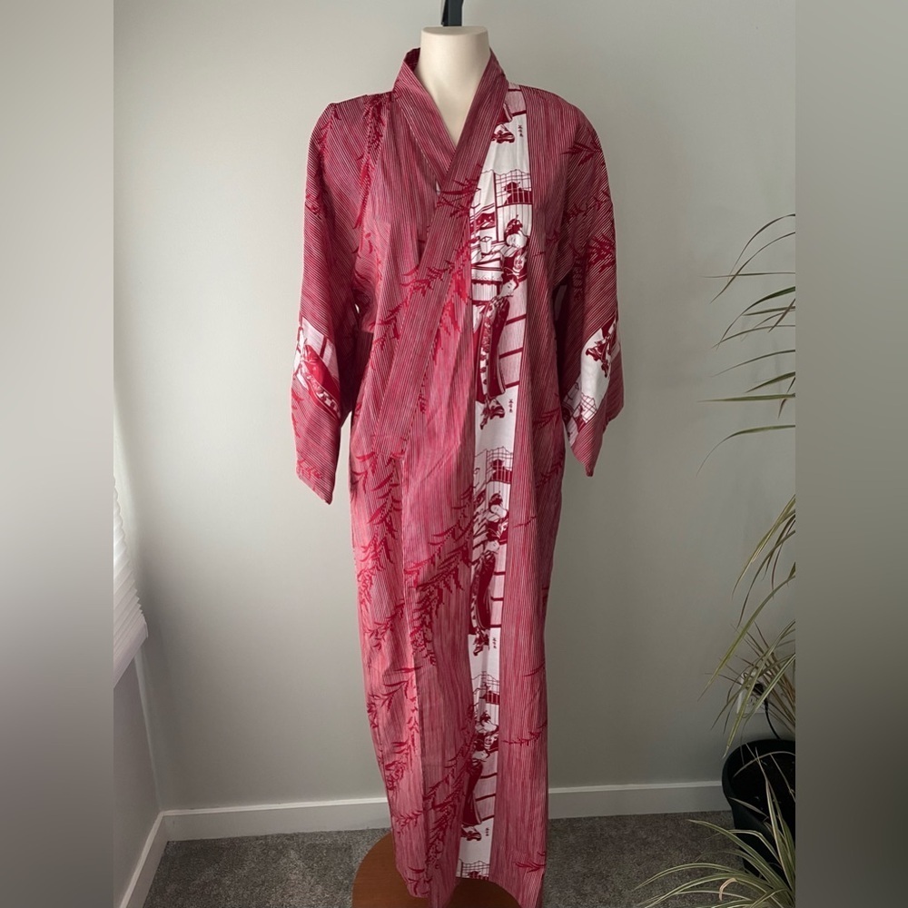 NEW Vintage Japanese Kimono Yukata Geisha Robe Red White 100% Cotton Japan